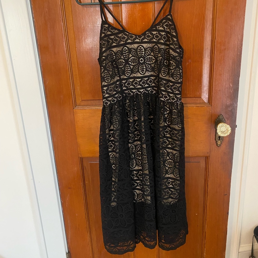 Black overlay lace criss cross A-line dress zip back Large